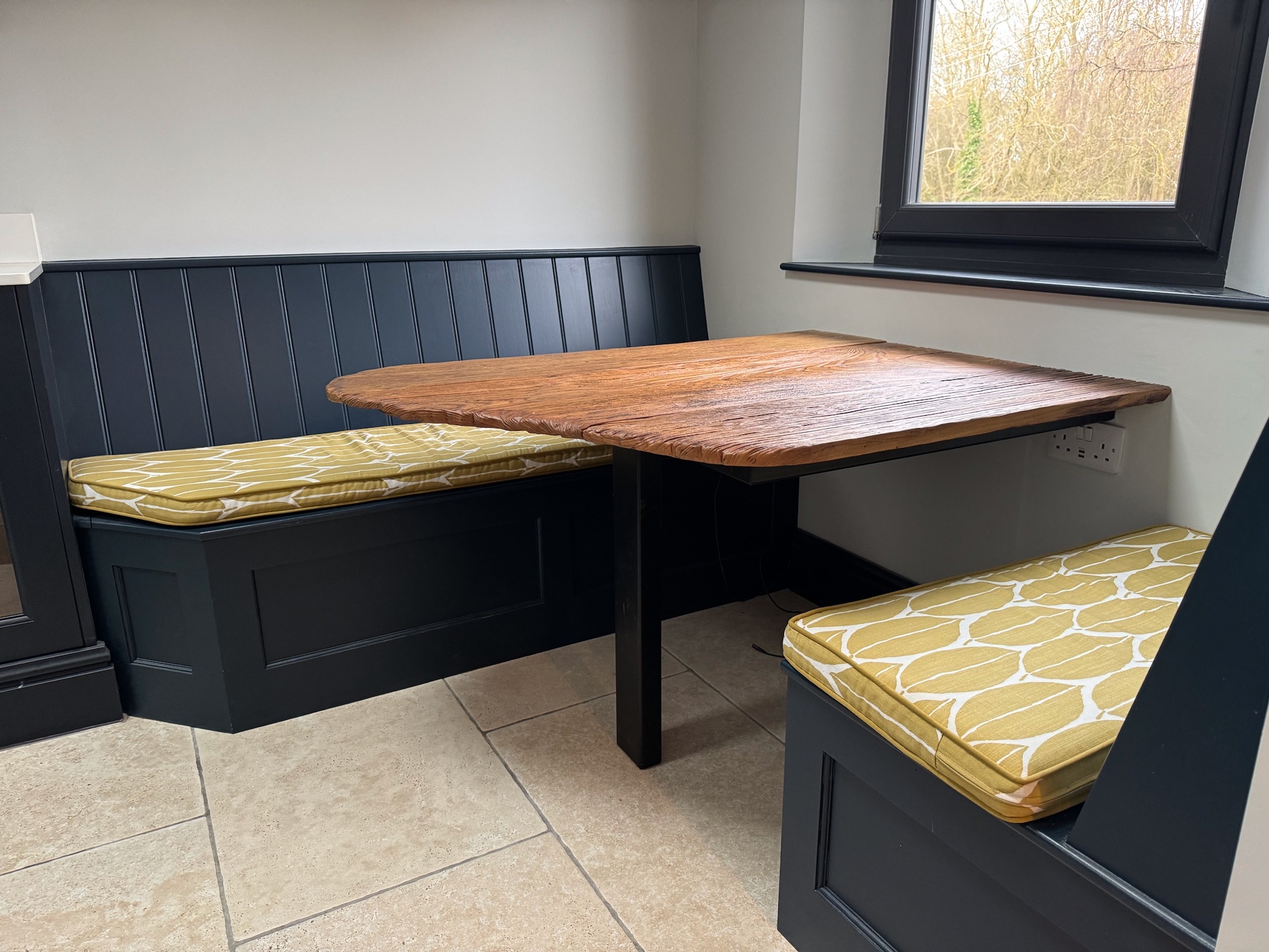 Gallery kitchen refit. Reclaimed elm table with built in storage benches